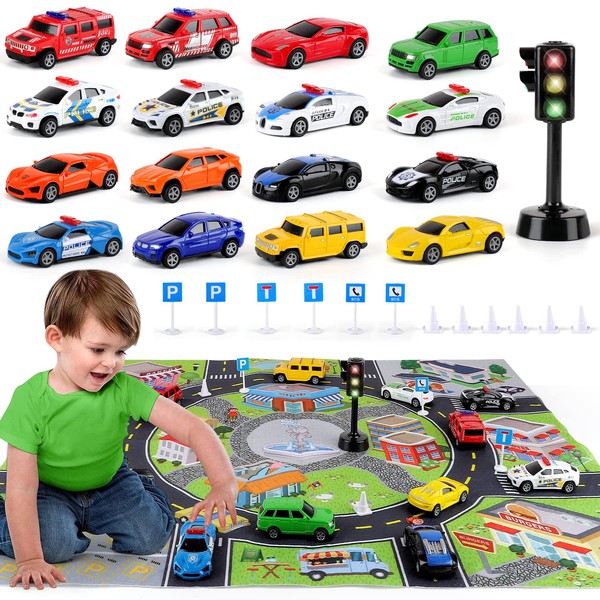 Pull Back Car Set for Kids,Vehicle Playset for Toddlers,Kids Play Mini Cars with City Theme Play Mat and Road Signs,Plastic Police Cars and Trucks,Model Car Toys for Baby Boys and Girls Gifts