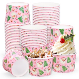 Whaline 50 Pcs Christmas Snack Cups Pink Santa Claus Xmas Tree Disposable Bowls 9oz Ice Cream Dessert Treat Paper Bowls for Hot Iced Food Birthday Baby Shower Party Supplies