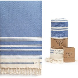SMYRNA TURKISH COTTON Heritage Series Turkish Beach Towel Oversized, 37x71 inch, Extra Large Quick Dry Sand Free Beach Blanket, Lightweight Cotton Pool, Spa, Travel, Gym, Adult Bath Towel, Azure