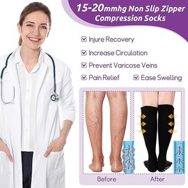 3 Pairs Zipper Compression Socks Non Slip Grip for Men Women 15-20mmhg Knee High Socks for Nurse Pregnant Swelling