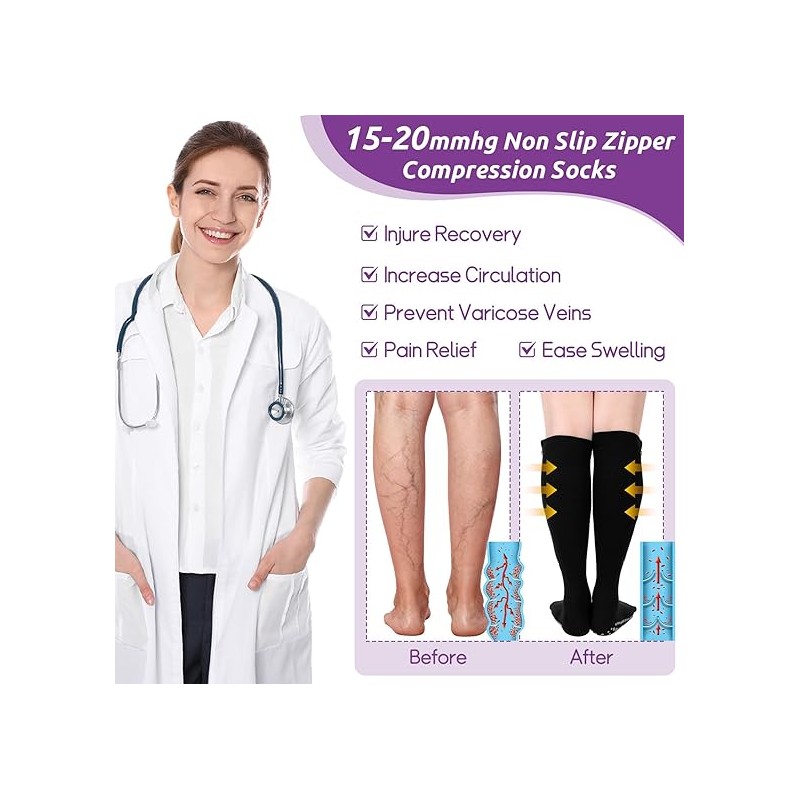 3 Pairs Zipper Compression Socks Non Slip Grip for Men