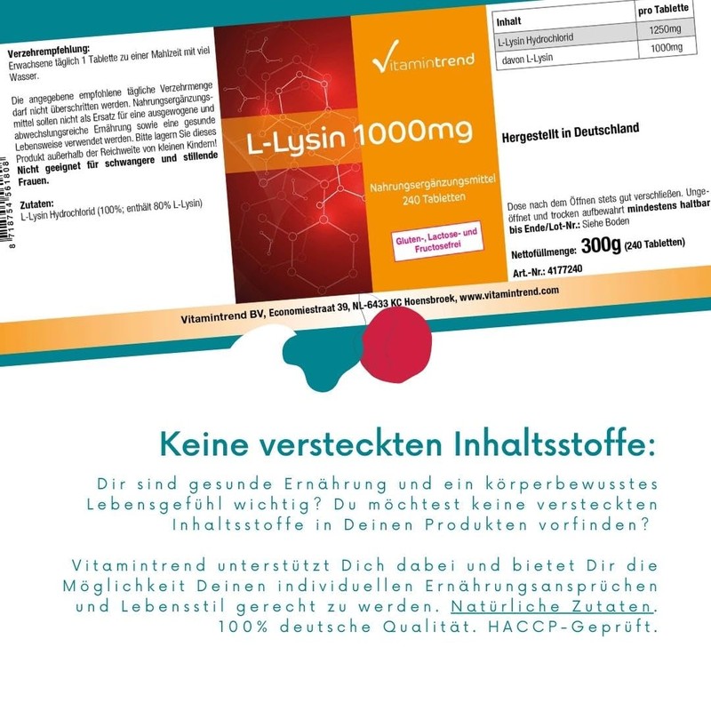 L-Lysine High Dose - 1000 mg per Tablet - 240