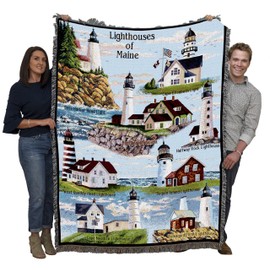 Lighthouses of Maine Blanket - Bass Harbor Cape Elizabeth Halfway Rock Sequin Neddick West Quoddy Portland Pemaquid - Coastal Ocean Gift Tapestry Throw Woven from Cotton - Made in the USA (72x54)