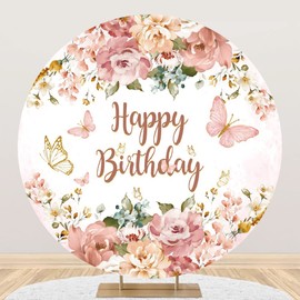 OFILA Happy Birthday Butterfly Round Backdrop for Photography 7.2FT Watercolor Flower Pink Girls Birthday Circle Background Cover Birthday Party Round Backdrop Adult Kids Portrait Round Backdrop