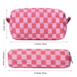 Aucuu 2 Pcs Makeup Bag Checkered Cosmetic Bag & Pencil Case, Portable Travel Toiletry Bag with Premium Zipper, Fashion Makeup Storage Bag for Women Girls - Large Capacity (Pink)