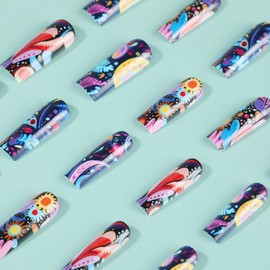 24 Pcs Sunflower Press on Nails Extra Long Fake Nails Coffin Shaped False Nails with Designs Colorful Acrylic Nails Spring Flower Press on Nails Full Cover Stick on Nails for Women Nail Art DIY