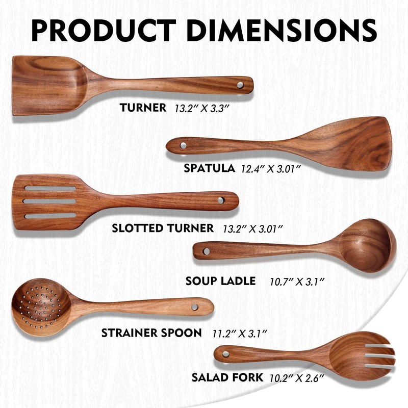 Wooden Spoons for Cooking 6 Piece, Natural Kitchen Utensils Spatula,