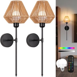 Ovyiech Battery Operated Wall Sconces Set of 2, Rattan Rechargeable Wall Light Dimmable with Remote Control, 15 Color Changing and Timer, 24" Boho Black Gold Wall Lamps for Bedroom,Living Room