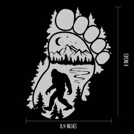 Bigfoot Sasquatch Decal, 11 x 8.5 inches, Wilderness Pine Tree Forest Mountain River Vinyl Sticker, Silver