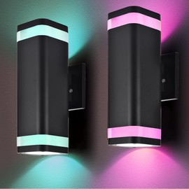 WISELUME Smart RGB Outdoor Wall Lights, 2 Pack Dusk to Dawn Porch Lights, Cylinder Up and Down Lights Outdoor Wall Sconce, Exterior Lighting Fixture Compatible with Smart Life & Tuya Smart