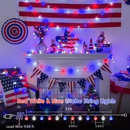 YEGUO Red White and Blue Globe String Lights, 33ft 100LED 4th of July Globe Light Indoor, 8 Modes Hanging Fairy Lights Plug in for Outside Independence Day Patriotic Holidays Decoration