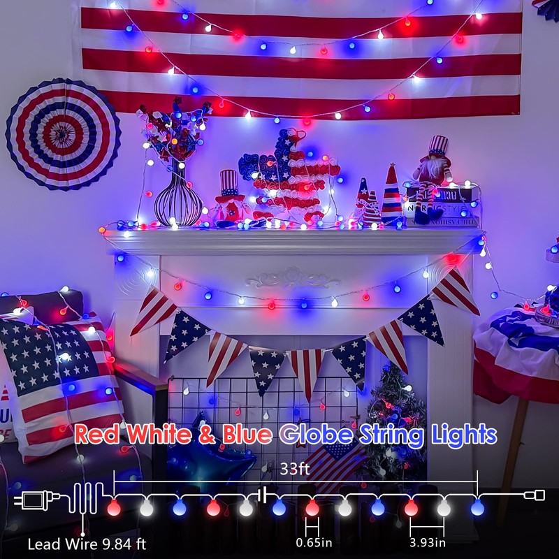 YEGUO Red White and Blue Globe String Lights, 33ft 100LED