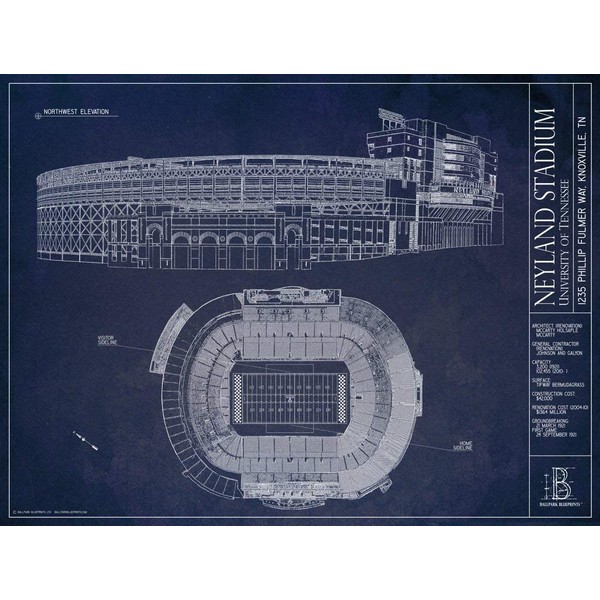 Neyland Stadium - University of Tennessee - Blueprint Style Print (Unframed, 18" x 24")