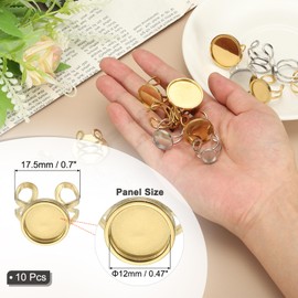 PATIKIL Stainless Ring Blank, 12mm 10 Pcs Adjustable Finger Ring Blank Base Bezel Trays Flat Pad Tray for Jewelry Making Finding DIY Carvings, Gold