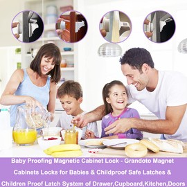 Baby Proofing Magnetic Cabinet Lock - Grandoto Magnet Cabinets Locks for Babies & Childproof Safe Latches & Children Proof Latch System of Drawer,Cupboard,Kitchen,Doors (4Locks+1Key, White)