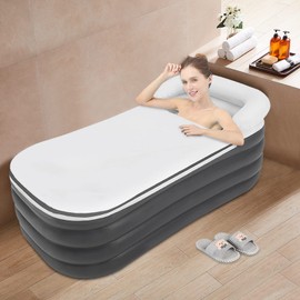Inflatable Bathtub, Foldable Portable Standing Ice Bath Tub, Unisex SPA Bathtub Hot Cold Plunge Tub Shower Stall with Electric Air Bump for RVs Hotels Home Campsites (Grey)