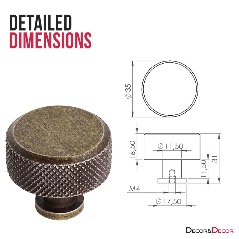 Decoranddecor Amelia Knurled 35mm Round Kitchen Cabinet Furniture Knobs Aluminium