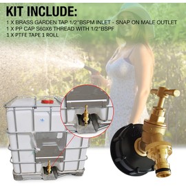 IBC Tank Adapter Hose Connector – S60X6 Brass Garden Tap with Click-Lock Hose Fitting – Heavy Duty Coarse Thread PTFE Tape Included – Easy Installation – Snap On Male Outlet. Set by MYPURECORE