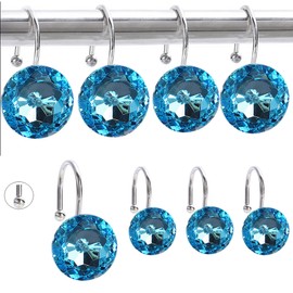 Shower Curtain Hooks Luxury Design Set of 12 Crystal Shower Curtain Rings, Rust Proof Double Window Shower Hooks Hangers for Bathroom Living Room Decorative (Crystal Blue, 12)