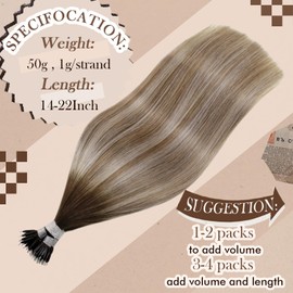 Hetto Real Hair Nanoring Extensions, Balayage Blonde Nanoring Hair Extensions, Remy Nano Ring Real Hair Extensions, Dark Brown Mix Ash Brown and Medium Blonde 55 cm 50 g