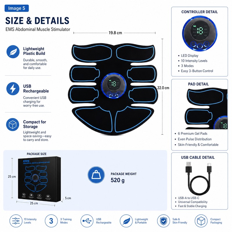 EMS Abdominal Muscle Stimulator for Home Fitness – USB Rechargeable