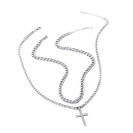 Layered Stainless Steel Cross Necklace For Men,Cuban Link Chain Cross Pendant, Religious Jewelry Gifts