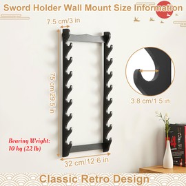 awagas 8 Tier Sword Holder Wall Mount, Display Sword Rack Black Samurai Katana Stand for Wakizashi Flute Fishing Rods Storage Christmas Hobby Collection