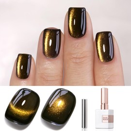 Double Rhythm 15ML Ice Glass Cat Eye Gel Polish with Magnet Holographic Glitter Shimmer Translucent Sheer Color Salon Soak Off Magnetic Nail at Home (Black Gold-MC1146)