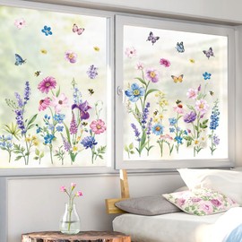 decalmile Spring Garden Flower Double Sided Window Clings Wildflower Purple Floral Iris Butterflies Window Decals Anti-Collision Glass Window Doors Window Stickers