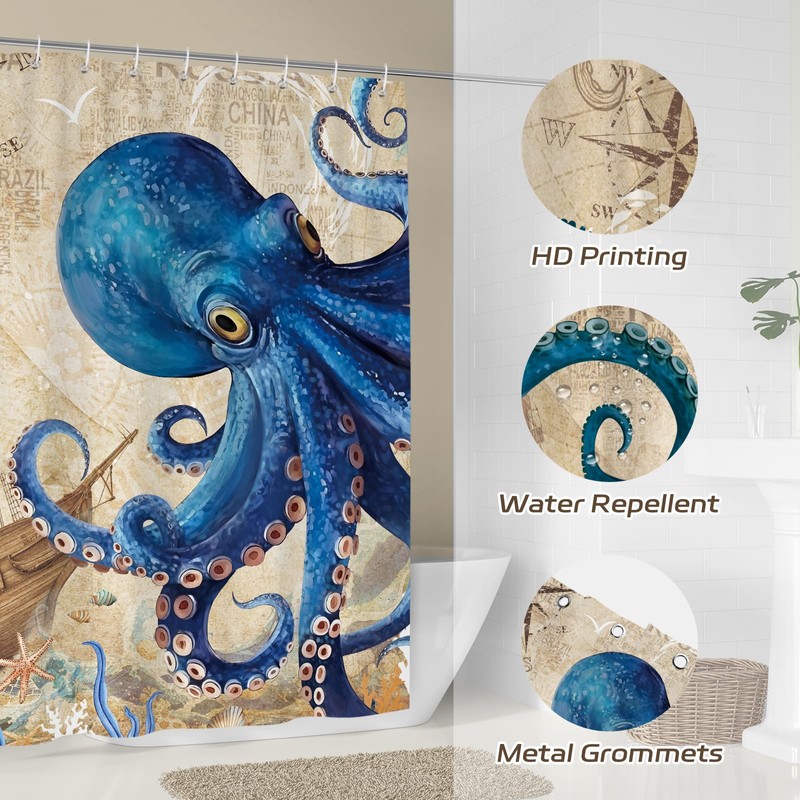 Dazzlewall Octopus Shower Curtain Retro Nautical Blue Bathroom Curtain Sea