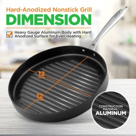 NutriChef 12" Nonstick Grill Pan – PFOA-Free Aluminum Hard-Anodized Pan for Even Heating, Strong Riveted Handles, Suitable for Indoor Cooking, Compatible with Gas, Ceramic, Glass, Halogen Cooktops