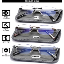JJWELL 3 Pack Reading Glasses for Men Blue Light Blocking, Lightweight Rimless Metal Mens Eyeglasses Readers, Anti Eyestrain/Dryness/Computer Glare/UV 400, Spring Hinge Eyeglasses(375 Strength)