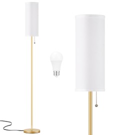 Ambimall Floor Lamp with 3 Color Temperatures Bulb, 64" Standing lamp with Linen lampshade for Bedroom, Minimalist Pole Lamp, White Shade & Gold Pole