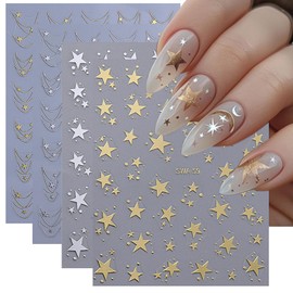 TailaiMei Star Nail Stickers, 3D Gold Sliver Star Self-Adhesive Nail Art Decals for DIY Nail Decorations (514)