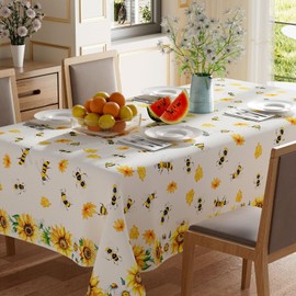 XCHI Yellow Sunflower White Daisy Bees Honey Summer Tablecloth Square Washable Table Covers for Indoor Outdoor Dining Home Party Decorations 60x60 Inch