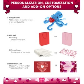 DolliBu I Love You Valentine Plush Blue Octopus - Cute Stuffed Animal with Red Heart and Name Personalization Gift for Valentine's Day, Birthday, Anniversary, Romantic Date - 16 Inches