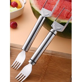 Silver Watermelon Fork Stainless Steel Watermelon Slicer Watermelon Cutter Fruit Slicer Stainless Steel Fruit Cutter Double Head Watermelon Slicer Cutter Tool for Home Party Fruit Peelers and Slicers