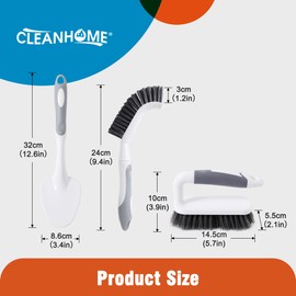 CLEANHOME 3 Pcs Scrub Brush,Multifunctional Cleaning Brush Set with Non-Slip Handle and Sturdy Bristles,Scrub Brushes for Cleaning Bathroom,Kitchen,Grout,Tile,Grey