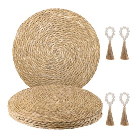 Hardcometrue Woven Placemats Set of 4, 12" Natural Water Hyacinth Round Rattan Placemats with Wooden Beads Napkin Rings for Kitchen Dining Table Decor