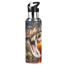 Dinosaur 3D T-Rex Water Bottle with Straw Lid Thermos Kids Insulated Stainless Steel Water Flask Sports, 20 Oz Hot Cold