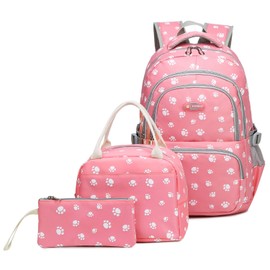 goldwheat 3Pcs Dog Paw Prints Backpack and Lunch-Bag Set for Girls School Student Book Bag Middle School-Bag