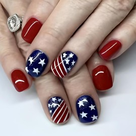 4th of July Press on Nails Short Square Fake Nail Independence Day False Nails with American Flag Designs Red Full Cover Stick on Nails Acrylic Patriotic Artificial Glue on Nails for Women 24 Pcs