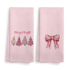NOQL Girly Pink Christmas Tree Bow Decorative Kitchen Towels and Dishcloths Set of 2, Preppy Hand Towels, Merry and Bright Drying Cloth Hand Towels Tea Towels for Bathroom, 16×24 Inch