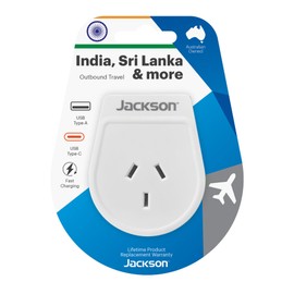 Jackson AUS - India & Sri Lanka USB-A & USB-C Travel Adapter, White