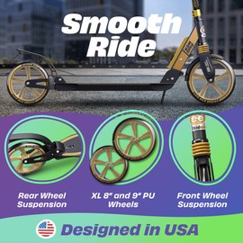 Skidee Kick Scooter for Kids Ages 6-12 - Large Sturdy Wheels, Anti-Shock Suspension with Adjustable Handlebar Up to 41" High - Foldable, Lightweight Scooters for Kids, Teens & Adult, Max Load 220 Lbs