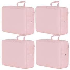 4 Pack Ultra Space Saving Self Compression Organizer, Bedroom Clothes Storage Bags with Zipper, Large Moving Bags Heavy Duty with Reinforced Handles, Ultra Space Saving Storage Tote (Pink, L)