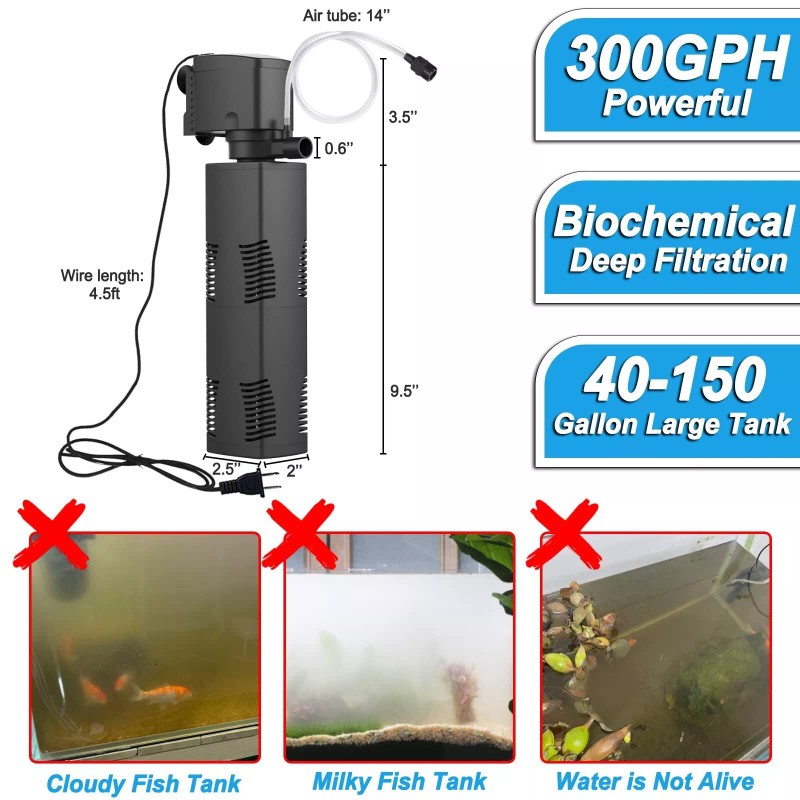TARARIUM Aquarium Filter for 40-150 Gal. Tank Crystal 300GPH Biochemical