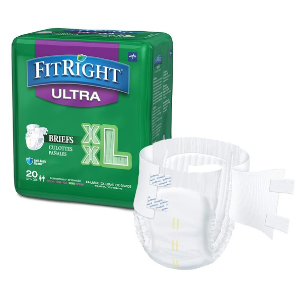 FitRight Ultra Adult Diapers, Disposable Incontinence Briefs with Tabs, Heavy Absorbency, XX-Large, 60"-69", 4 packs of 20 (80 total)