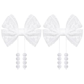 3" White Pearl Tassel Hair Bow Clips for Flower Girls Wedding Lace Ribbon Bowknot Alligator Hairpins Toddlers Kids Pageant 1st Communion Party Tutu Dress Outfit Decor Accessory Gift