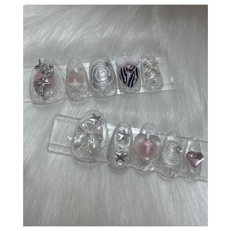 Y2K Silver Magnet Gel Handmade Nail Tips - Almond /